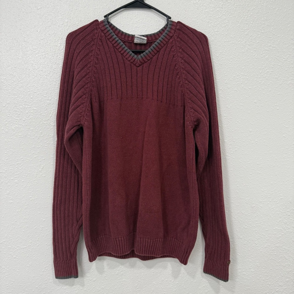 Columbia Sportswear V Neck Sweater Burgundy Ribbed Knit Mens Size L Cotton‎